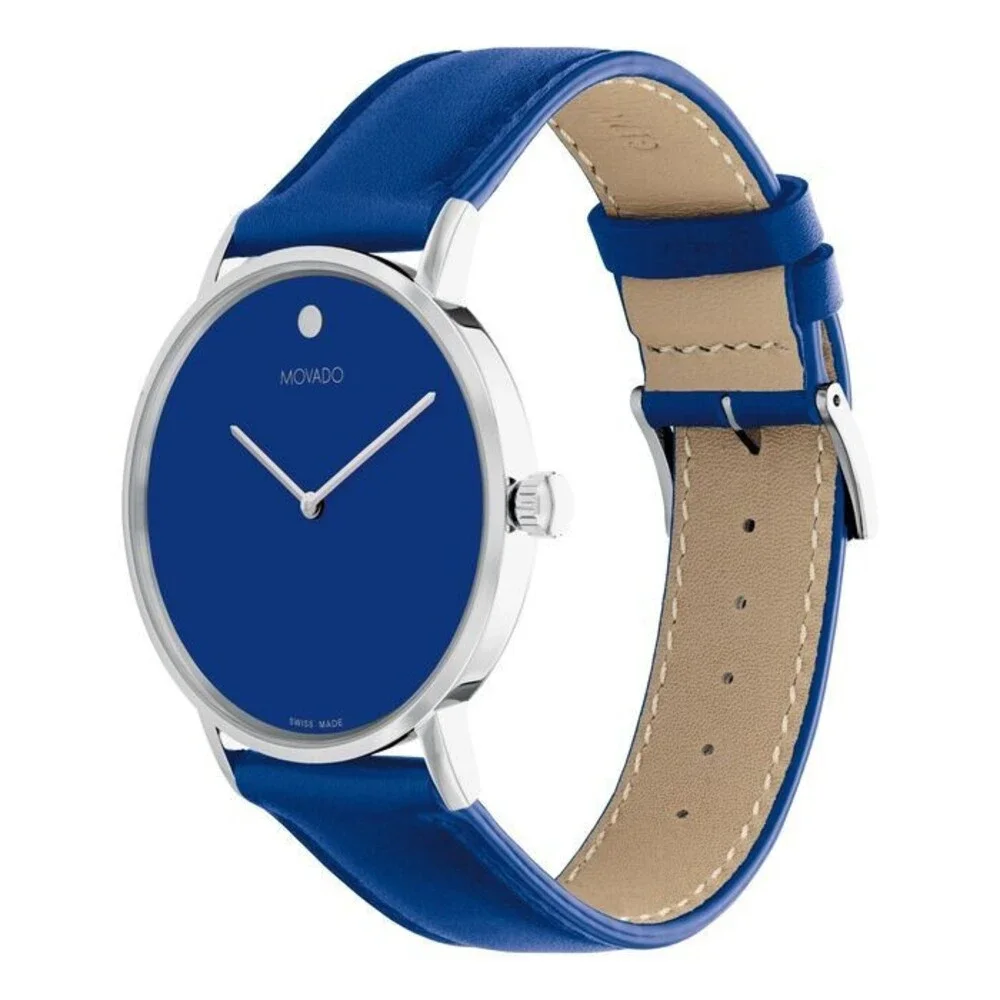 MOVADO SIGNATURE 0607833 SILVER BLUE LEATHER STRAPS STAINLESS CASE MENS WATCH